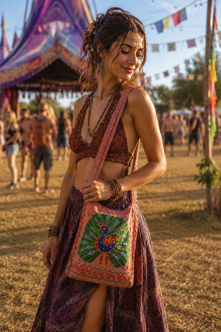 NWT India Boutique Peacock Embroidered Boho Festival Crossbody Bag